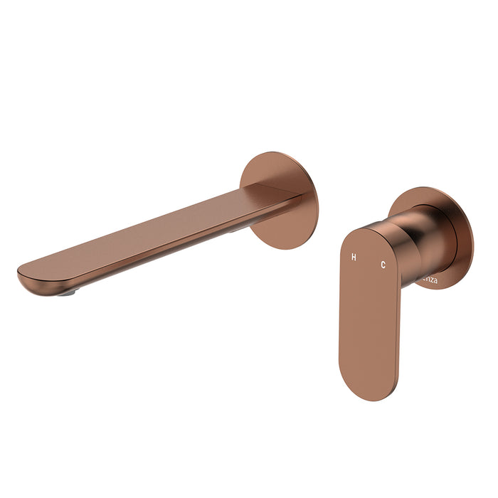 Fienza Empire Slim Basin/Bath Wall Mixer Set, Round Plates, 200mm Outlet - Brushed Copper