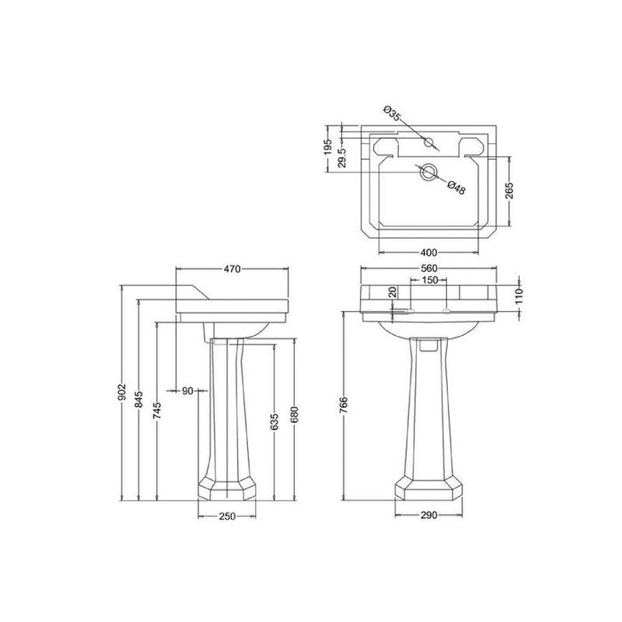 Abey Edwardian 56cm Basin And Pedestal-blue-leaf-bathware