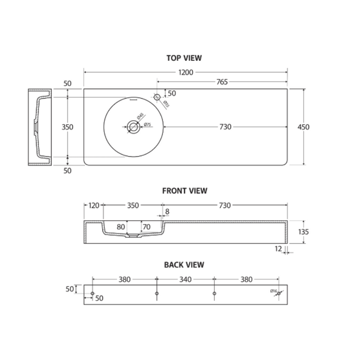 Fienza Encanto 1200 Solid Surface Wall-Hung Basin - Left-Hand Bowl-blue-leaf-bathware