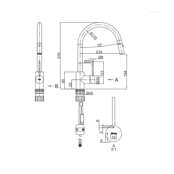 Abey 316 Gooseneck Pull Out Dual Spray Function Kitchen Mixer