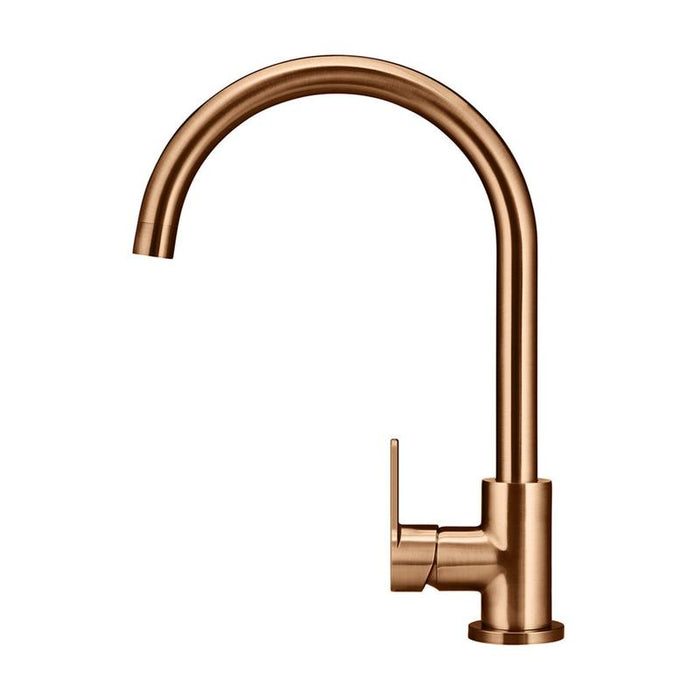 Meir Round Gooseneck Kitchen Mixer Tap with Paddle Handle - Lustre Bronze-blue-leaf-bathware