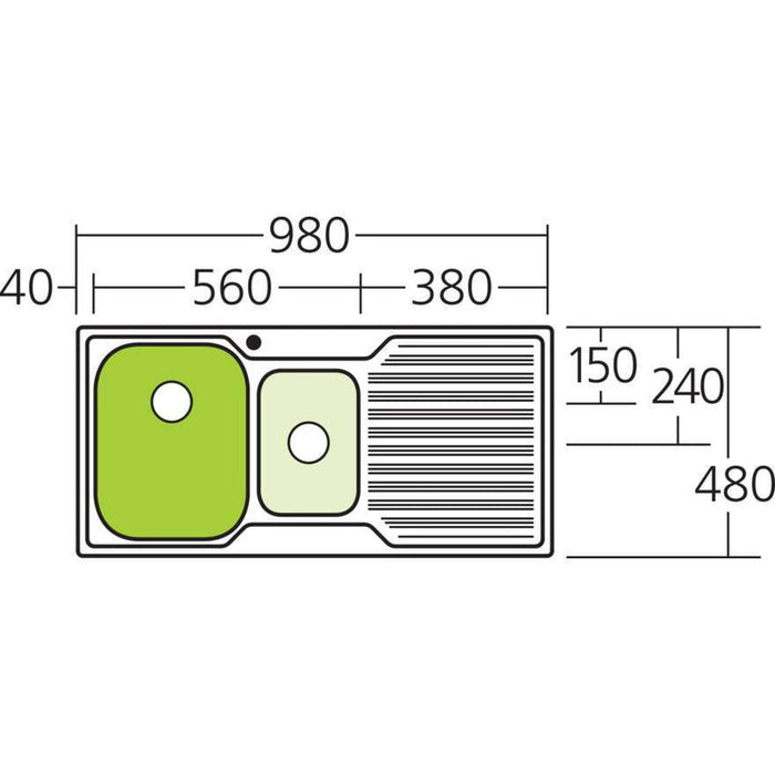 Oliveri Diaz 1 & 1/2 Bowl Sink With Right Hand Drainer-DZ101 1TH-blue-leaf-bathware
