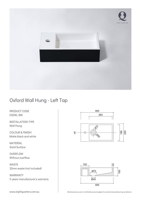 Eight Quarters Oxford Wall Hung - Left Tap Specifications
