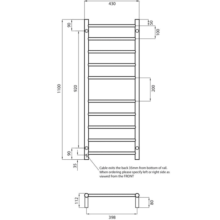 Radiant Heated Round Ladder 430 x 1100mm - Matt Black-blue-leaf-bathware