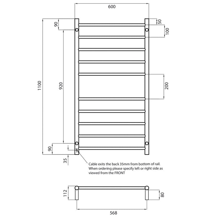 Radiant Heated Round Ladder 600 x 1100mm - Matt Black-blue-leaf-bathware
