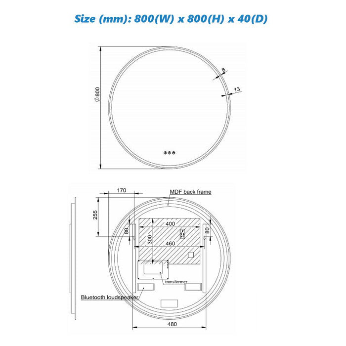 Remer Sphere LED Mirror with Demister, Bluetooth Speaker & Light Colour Switch-blue-leaf-bathware