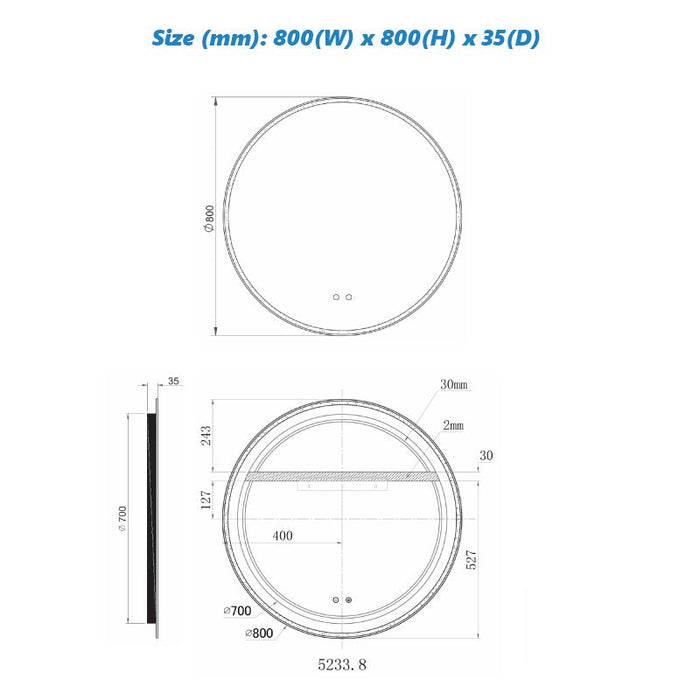 Remer Sphere LED Mirror with Demister & Light Colour Switch-blue-leaf-bathware
