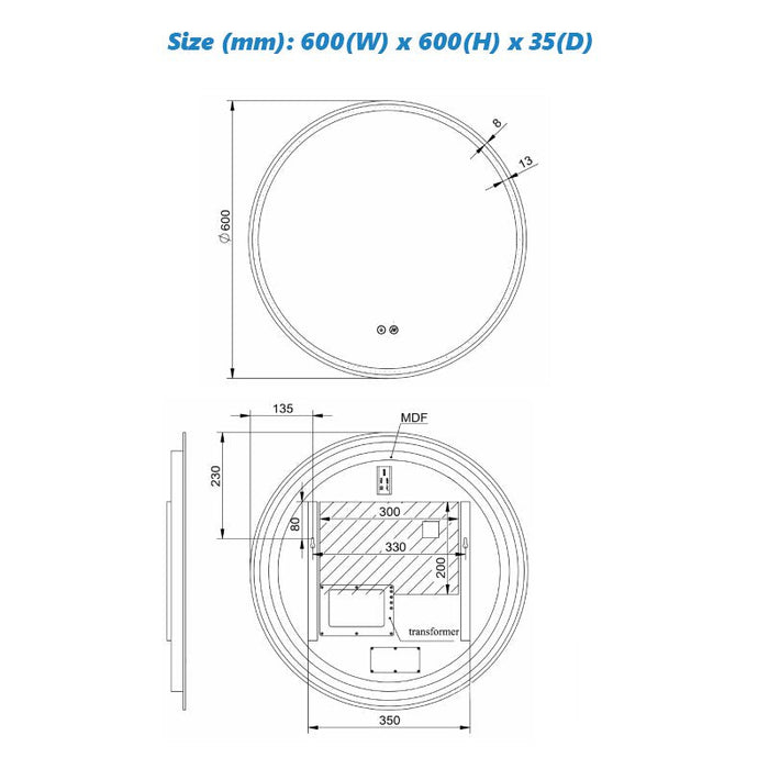 Remer Sphere LED Mirror with Demister & Light Colour Switch-blue-leaf-bathware