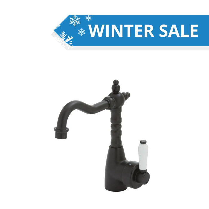 Fienza Eleanor Shepherds Crook Sink Mixer - Black Matte/ Ceramic