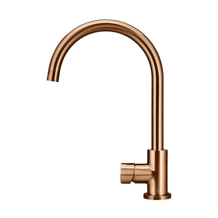 Meir Round Gooseneck Kitchen Mixer Tap with Pinless Handle - Lustre Bronze-blue-leaf-bathware