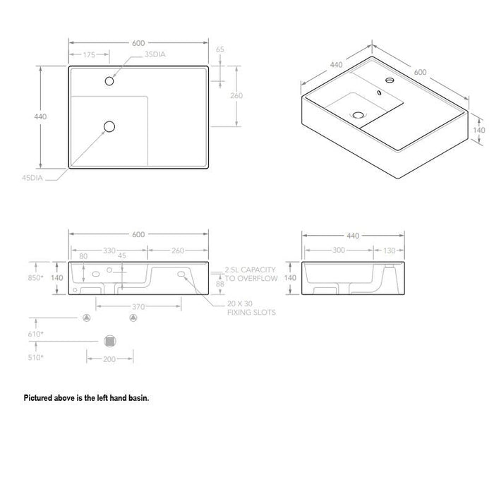ADP Teorema 600mm Left Hand Ceramic Basin-blue-leaf-bathware