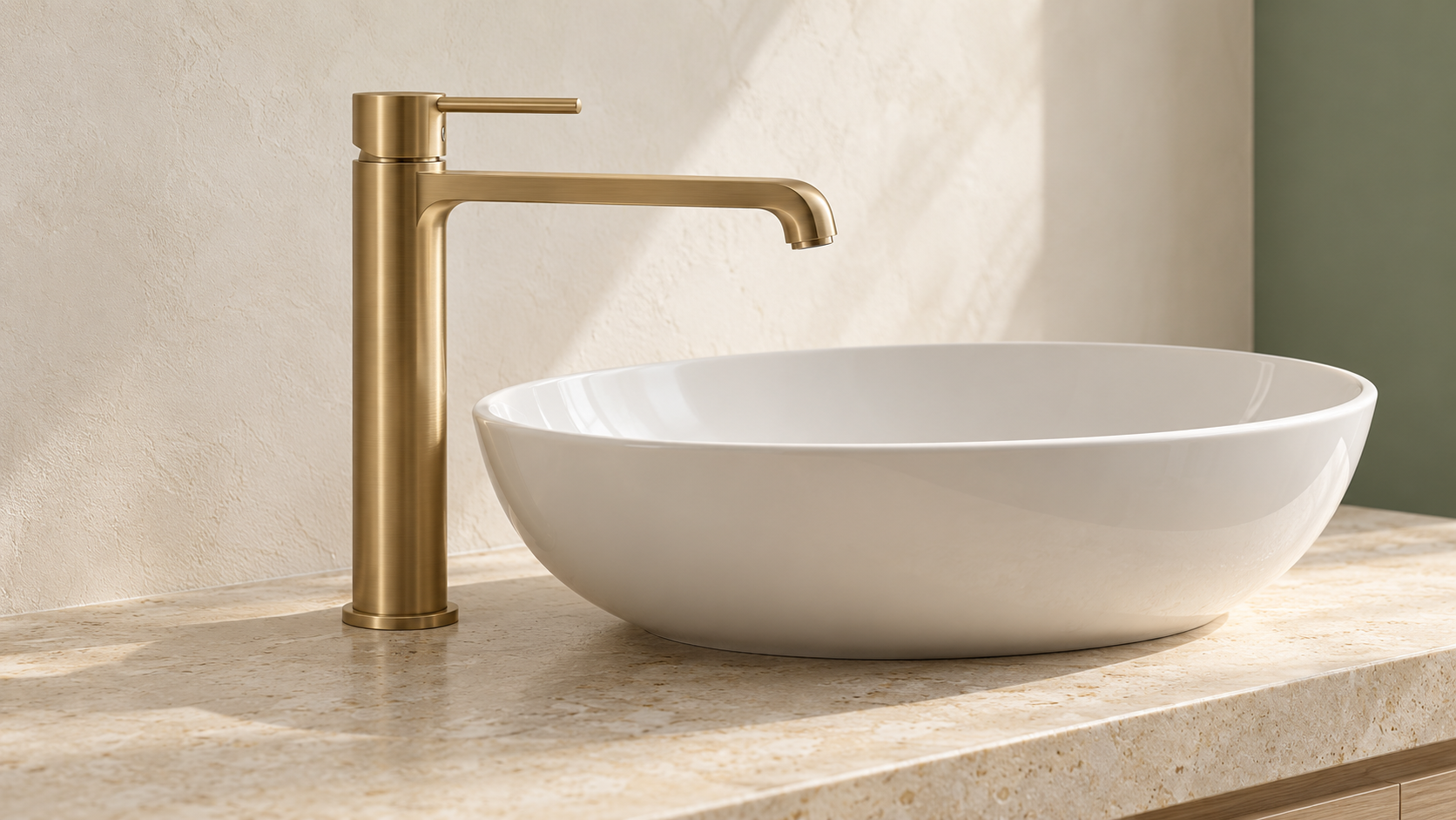 Tall brushed brass basin mixer beside a white above-counter basin, showing spout reach and clearance above the rim.