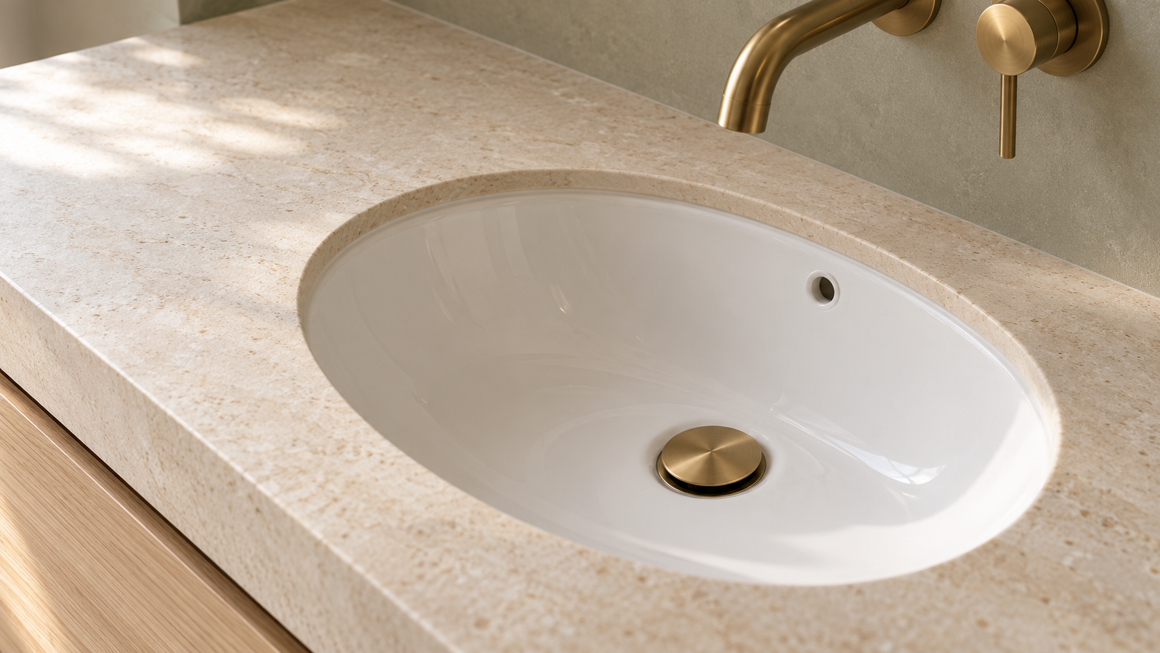 Brushed brass pop-up basin waste in a white ceramic basin with an overflow, set beneath a natural stone vanity top.