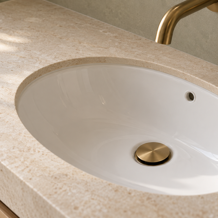 Brushed brass pop-up basin waste in a white ceramic basin with an overflow, set beneath a natural stone vanity top.