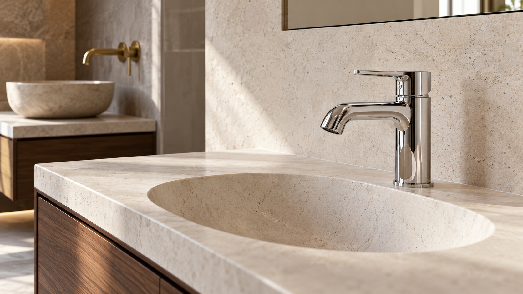 Chrome basin mixer on a limestone vanity, with brushed brass wall-mounted tapware in the background.