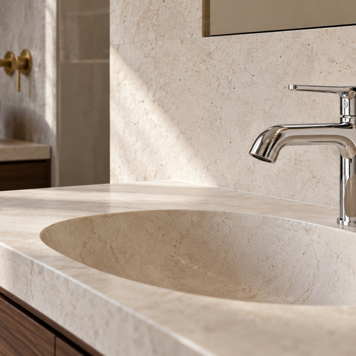 Chrome basin mixer on a limestone vanity, with brushed brass wall-mounted tapware in the background.