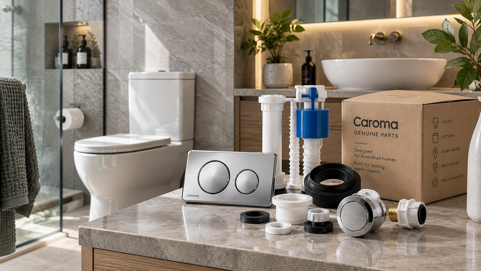 Caroma toilet parts and replacement components displayed in a modern Australian bathroom by Blue Leaf