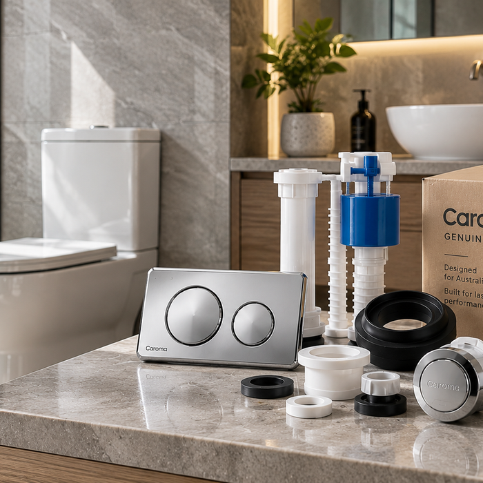 Caroma toilet parts and replacement components displayed in a modern Australian bathroom by Blue Leaf