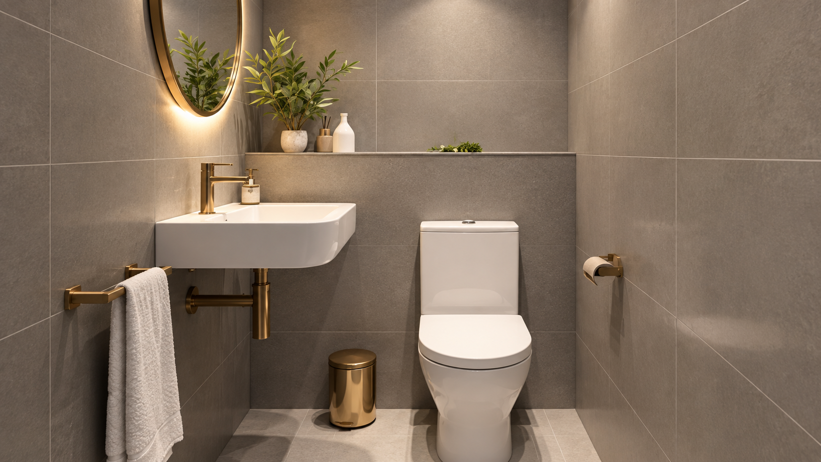 Compact white toilet beside a wall-mounted basin in a small bathroom with grey tiles and brushed brass fittings.