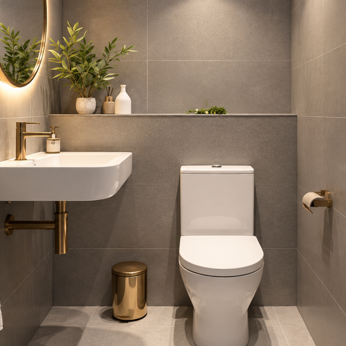 Compact white toilet beside a wall-mounted basin in a small bathroom with grey tiles and brushed brass fittings.