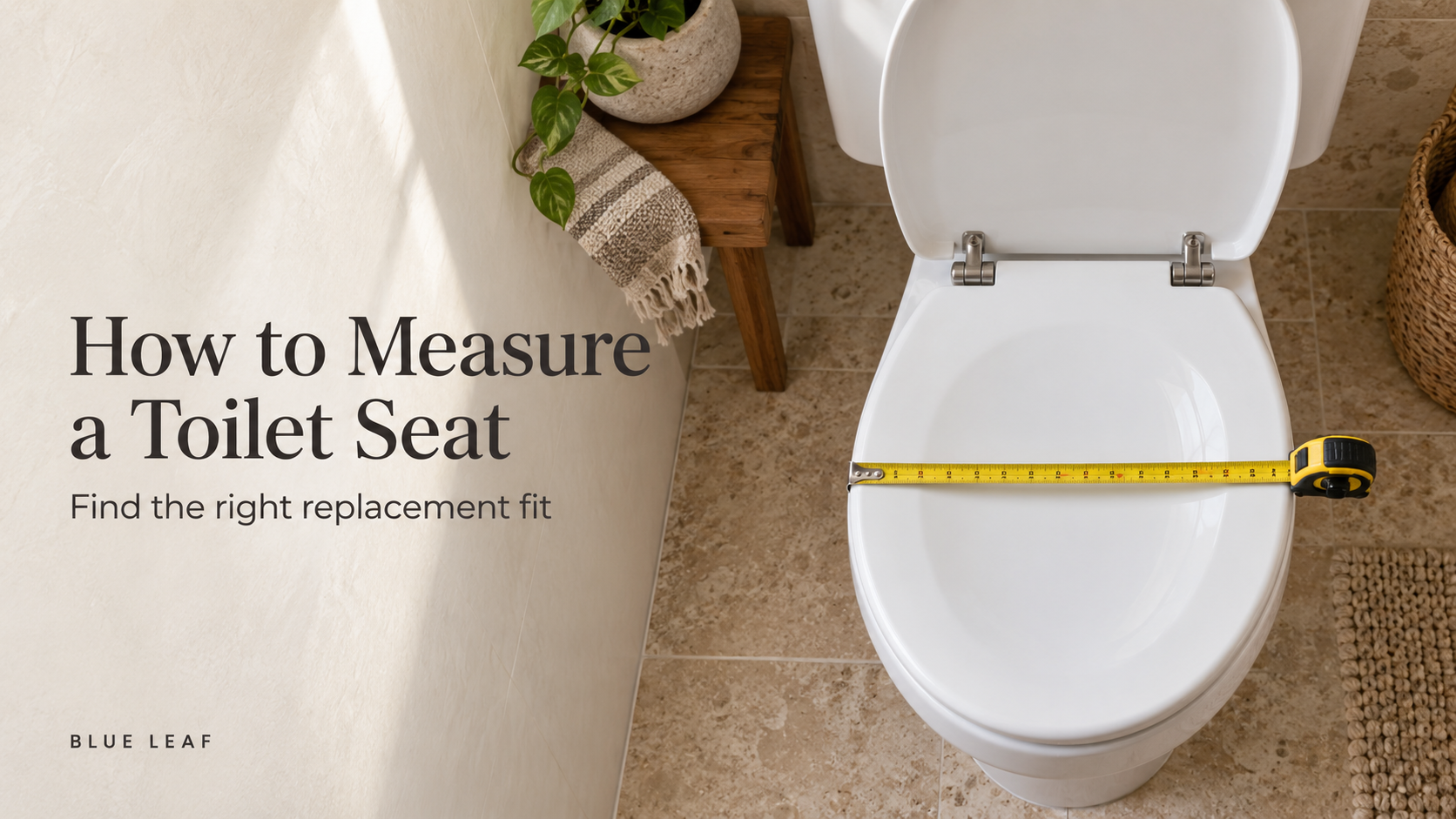 Measuring the width of a white oval toilet seat with a tape measure in a modern bathroom.