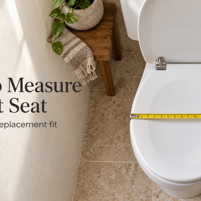 Measuring the width of a white oval toilet seat with a tape measure in a modern bathroom.