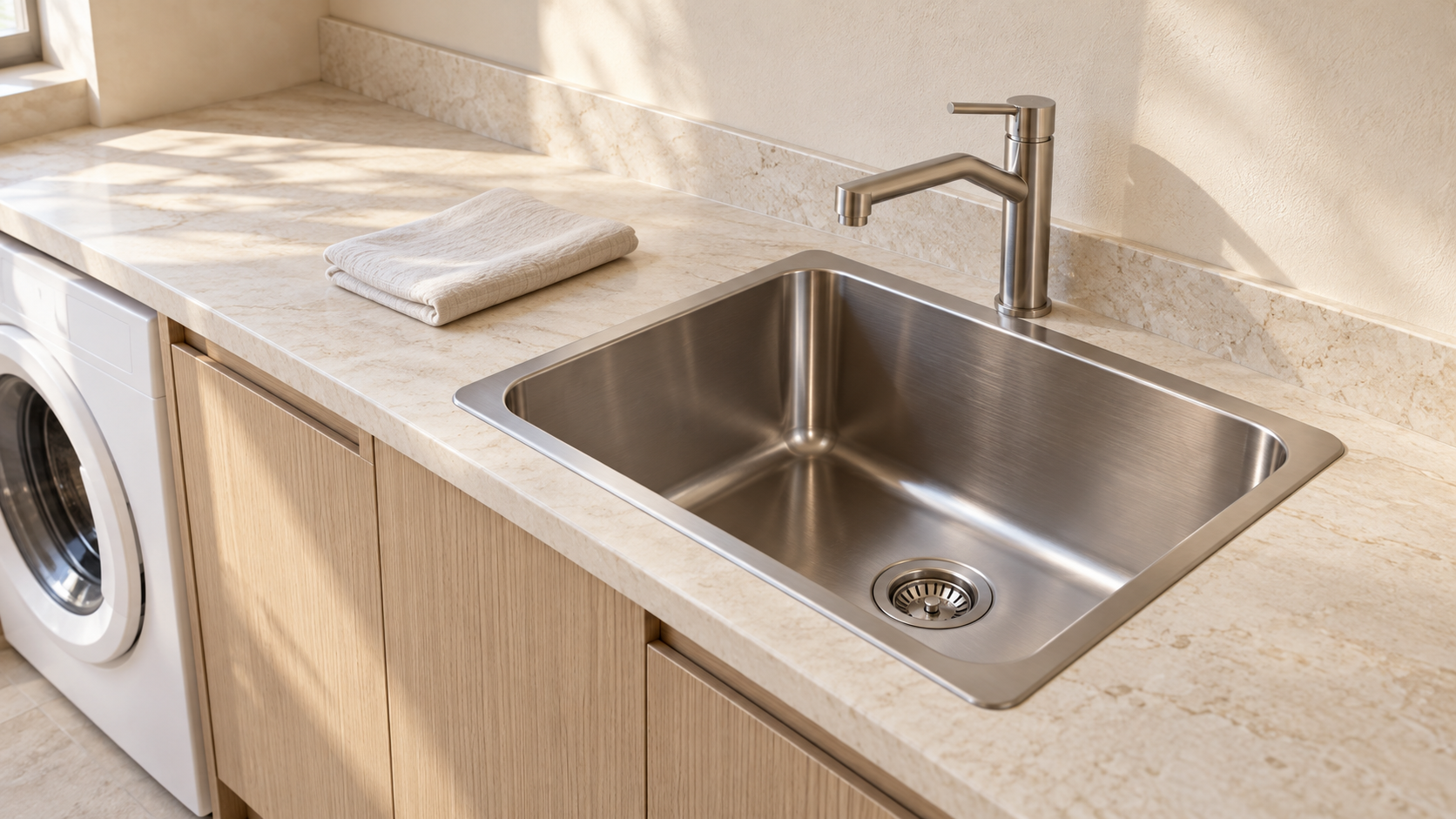 Deep stainless steel laundry sink with a brushed nickel mixer, pale oak cabinetry and a stone benchtop beside a washing machine.