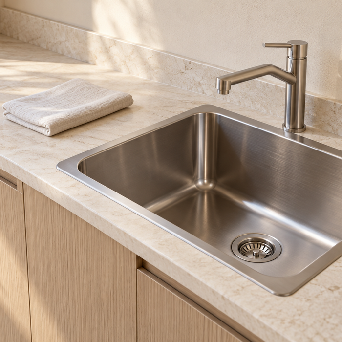 Deep stainless steel laundry sink with a brushed nickel mixer, pale oak cabinetry and a stone benchtop beside a washing machine.