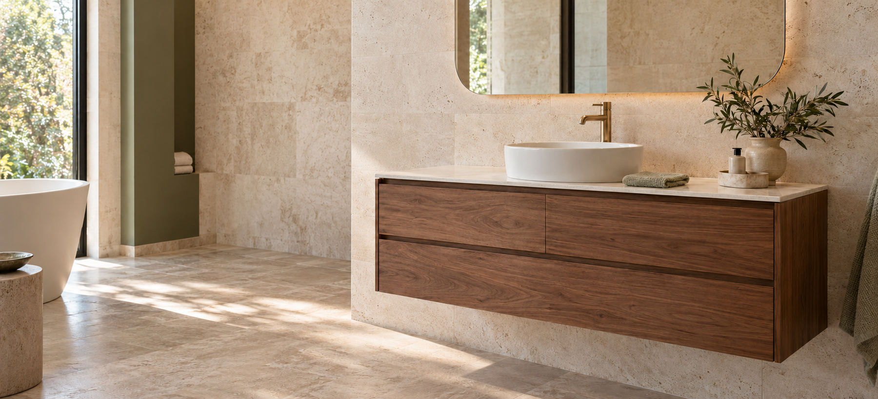 Floating walnut bathroom vanity with a white basin and brushed brass tap, surrounded by limestone finishes and natural window light.
