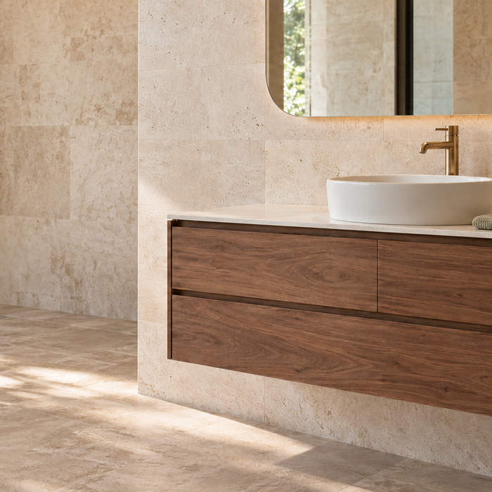 Floating walnut bathroom vanity with a white basin and brushed brass tap, surrounded by limestone finishes and natural window light.