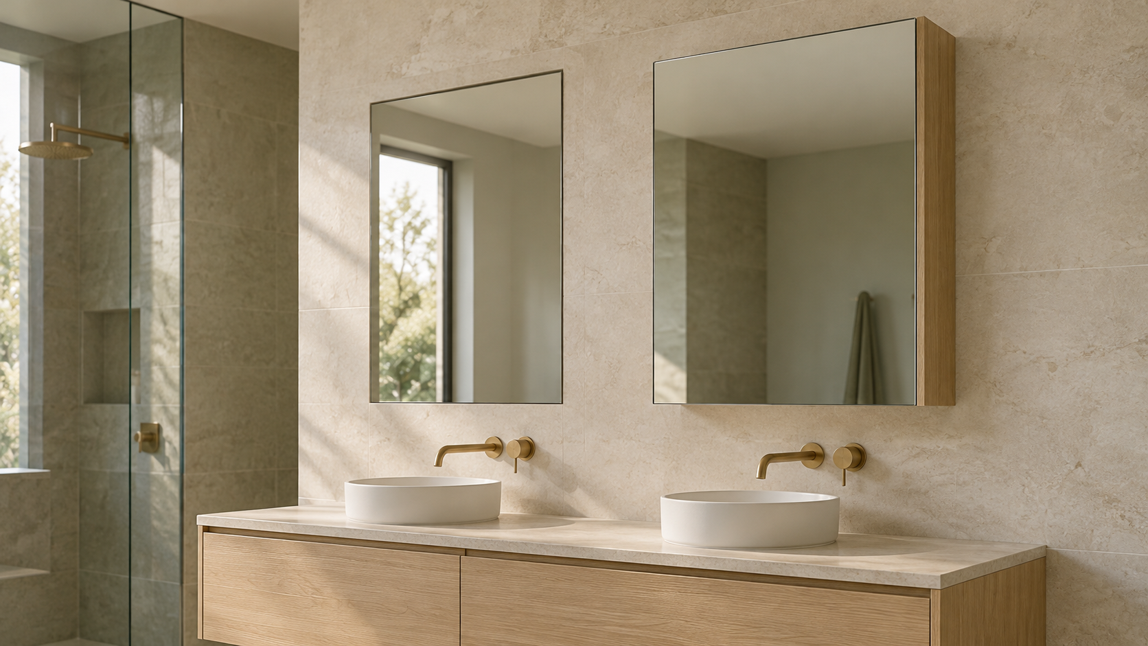 Recessed and wall-mounted mirrored shaving cabinets above an oak double vanity with brass tapware in a luxury bathroom.