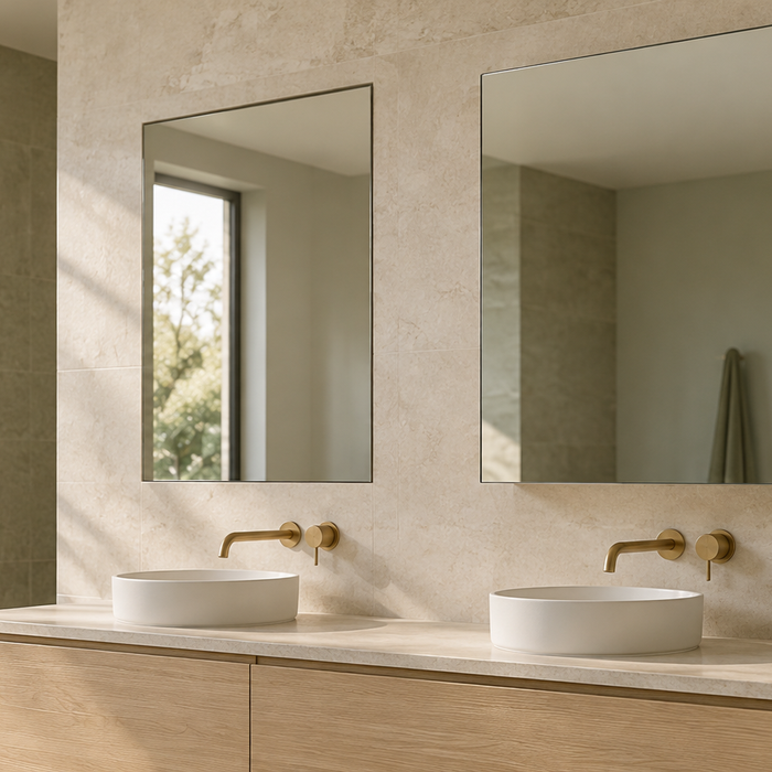 Recessed and wall-mounted mirrored shaving cabinets above an oak double vanity with brass tapware in a luxury bathroom.