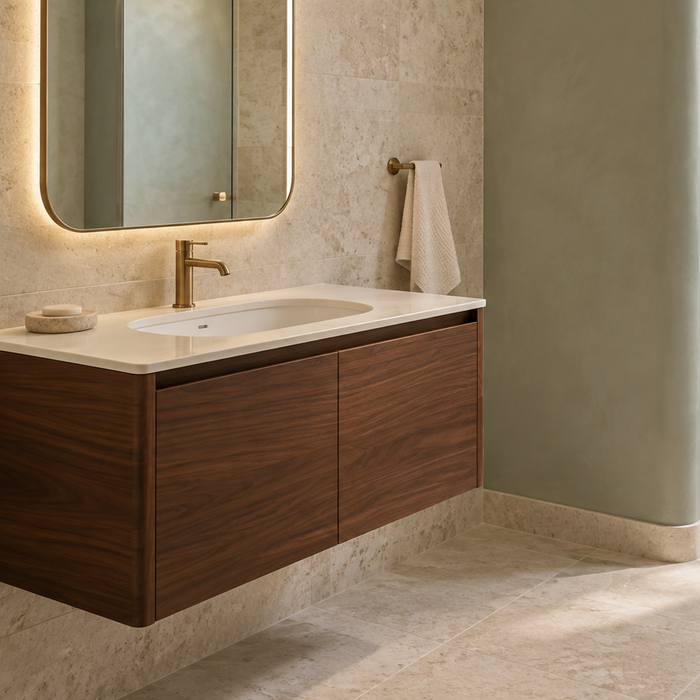 Floating walnut vanity with an integrated white basin and brushed brass tap in a luxury bathroom with limestone tiles and sage walls.