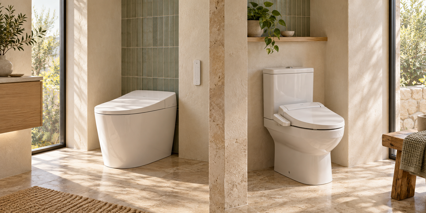 Smart toilet and conventional toilet with an electronic bidet seat in naturally lit bathrooms with sage green tiles.