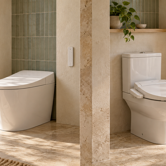 Smart toilet and conventional toilet with an electronic bidet seat in naturally lit bathrooms with sage green tiles.