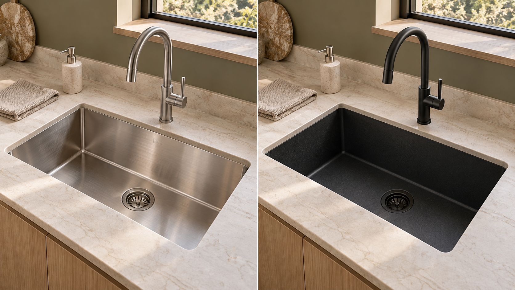 Side-by-side comparison of stainless steel and black granite composite sinks with matching taps and cream stone benchtops.