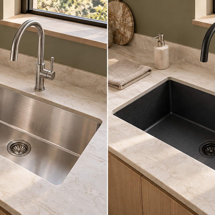 Side-by-side comparison of stainless steel and black granite composite sinks with matching taps and cream stone benchtops.