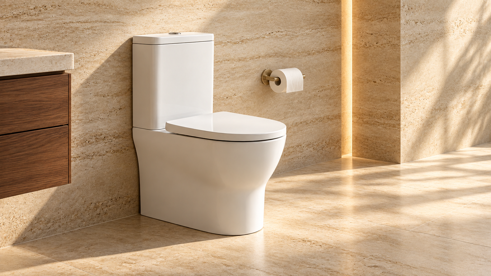 White wall-faced toilet in a luxury travertine bathroom with walnut cabinetry, brushed brass accessories and warm natural light.