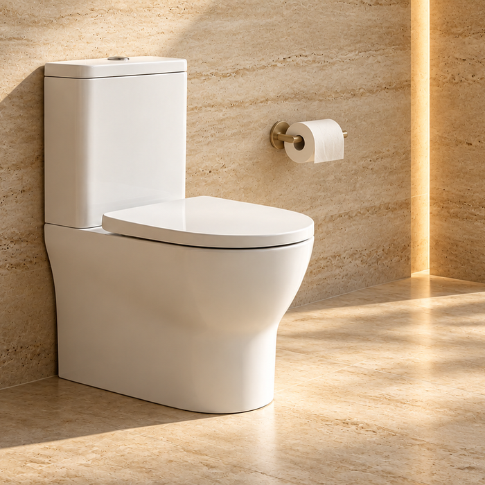 White wall-faced toilet in a luxury travertine bathroom with walnut cabinetry, brushed brass accessories and warm natural light.