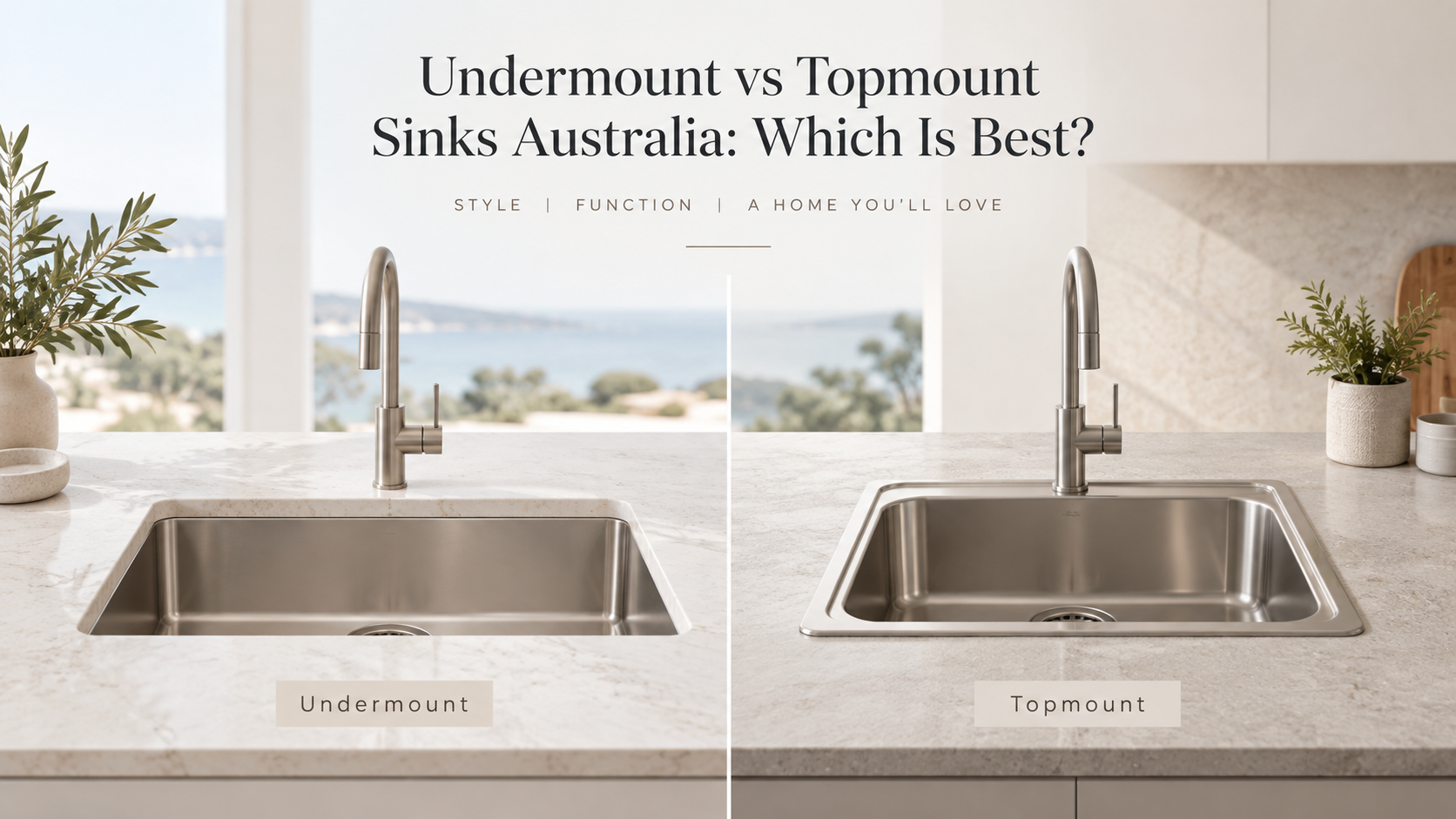 Undermount vs topmount sinks Australia comparison showing modern kitchen sink installation styles