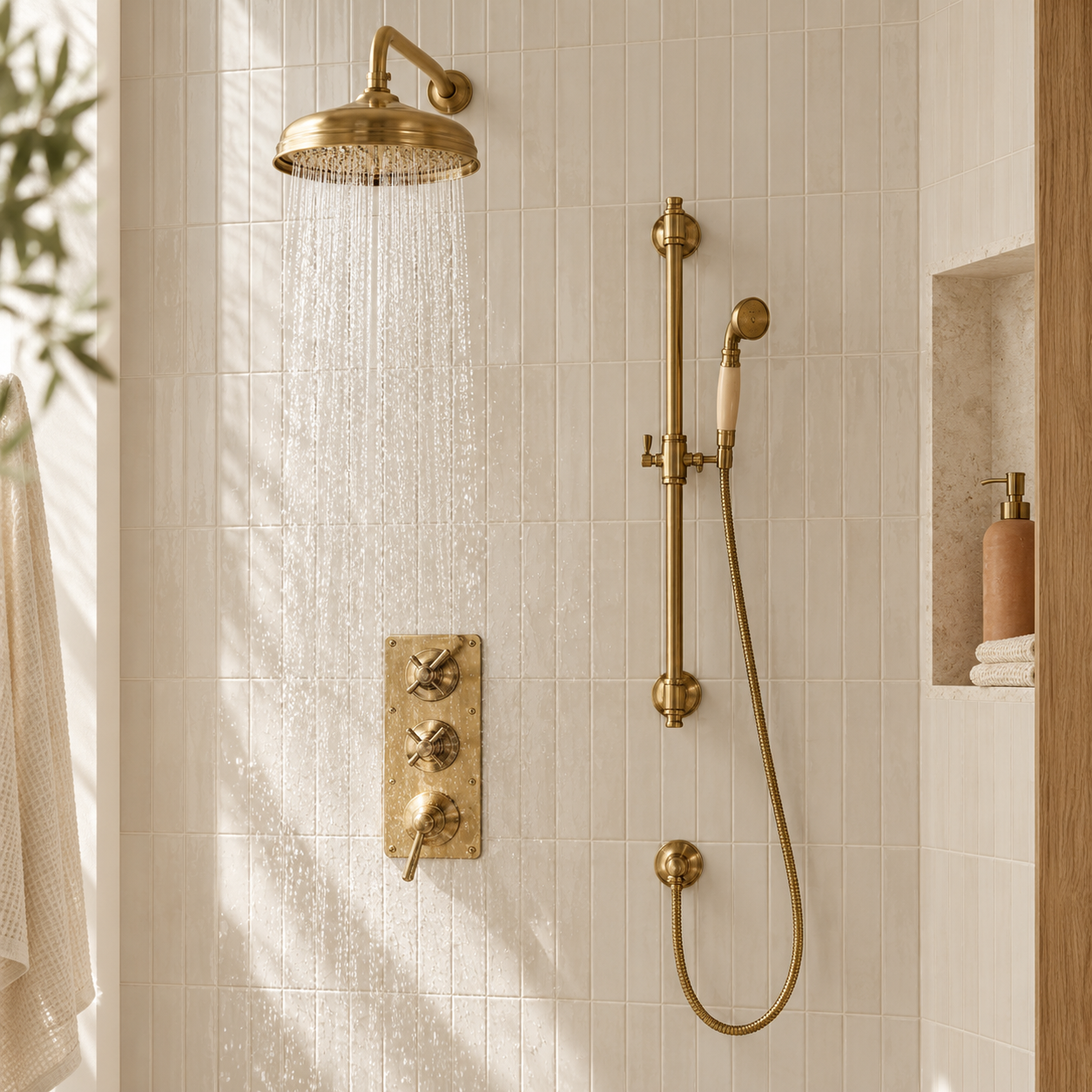 Luxury shower head with brushed brass finish in a modern Australian bathroom.