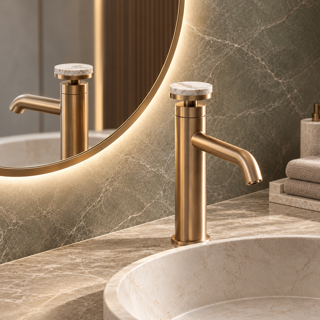 Luxury bathroom tapware in brushed brass finish styled in a contemporary bathroom.