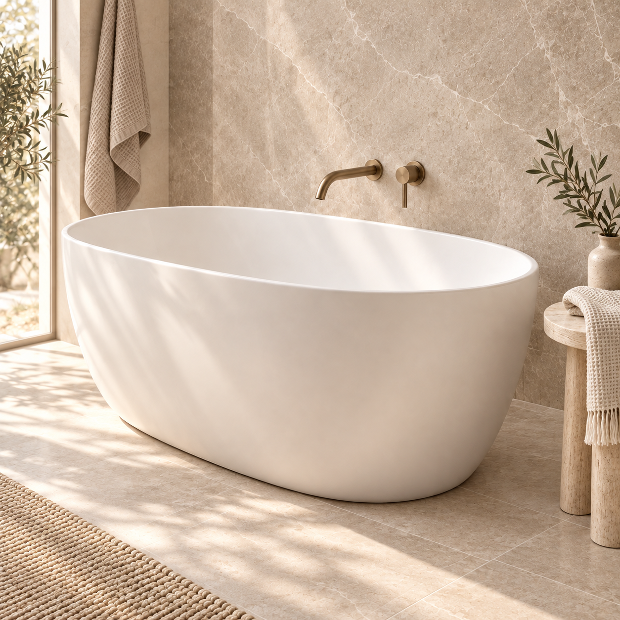 Freestanding white bath with brushed brass tapware in a bright luxury bathroom.