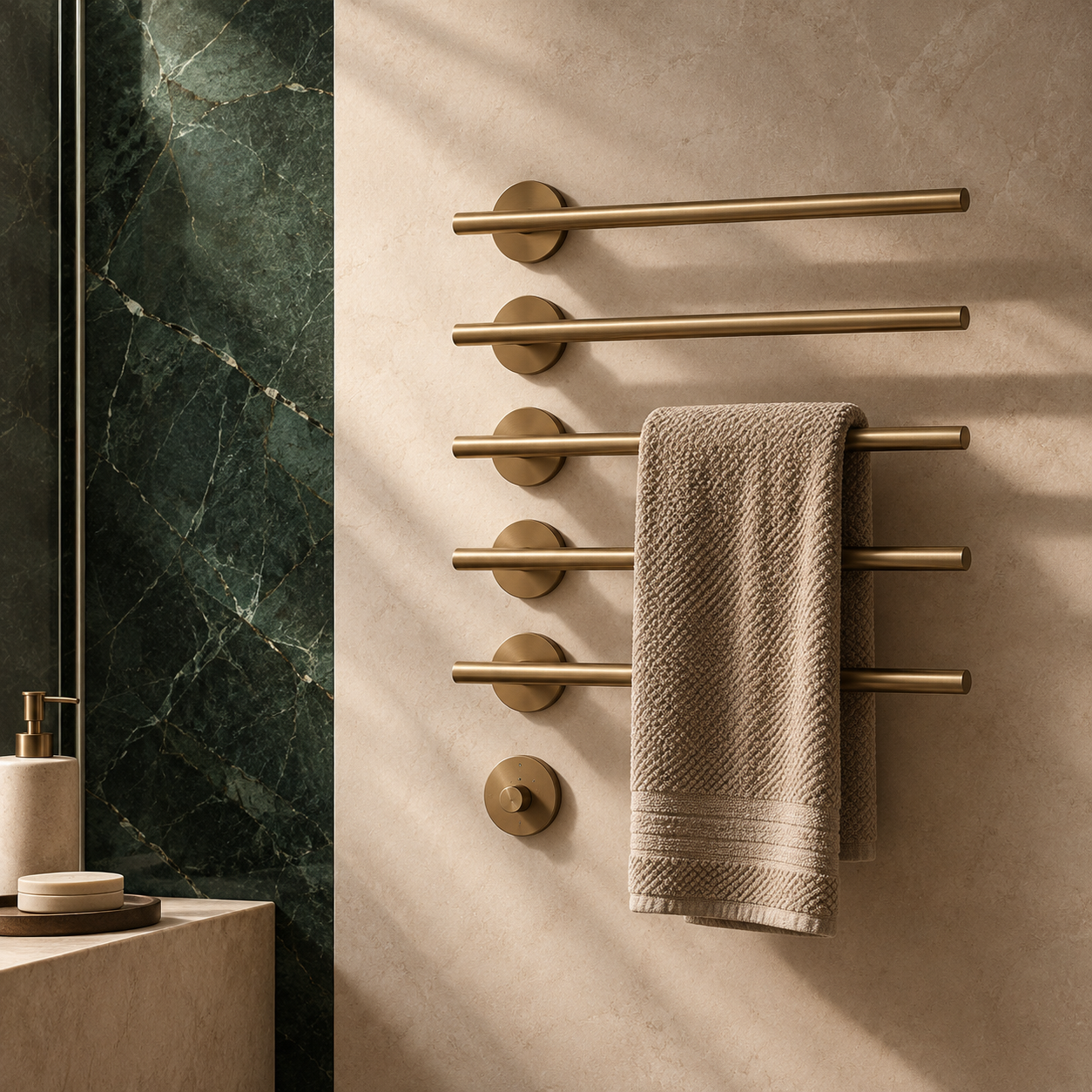 Luxury heated towel rail in brushed brass with a neutral towel against a warm stone wall and green marble panel.
