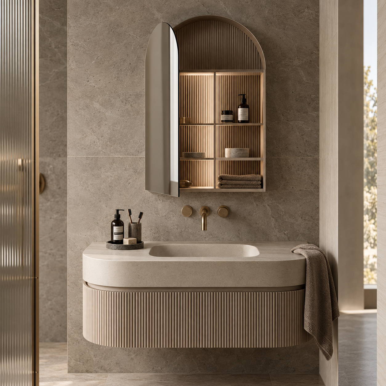 Luxury shaving cabinet with mirrored door and built-in storage above a modern bathroom vanity.