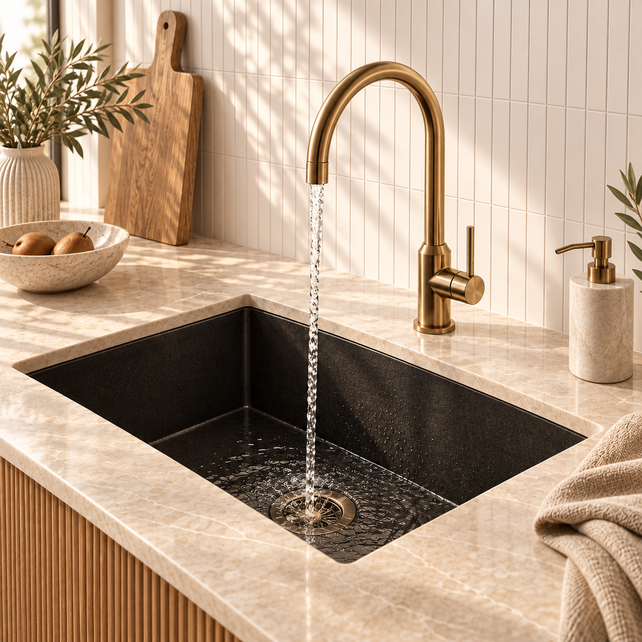 Black undermount kitchen sink with brushed brass mixer tap in a warm contemporary kitchen.