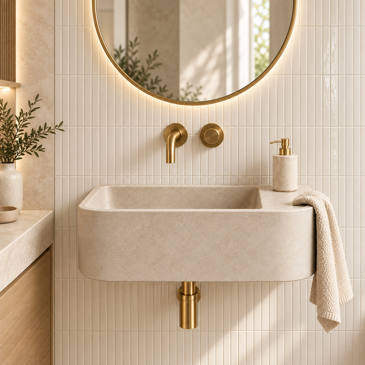 Luxury bathroom basin with brushed brass wall-mounted tapware in a warm contemporary bathroom.