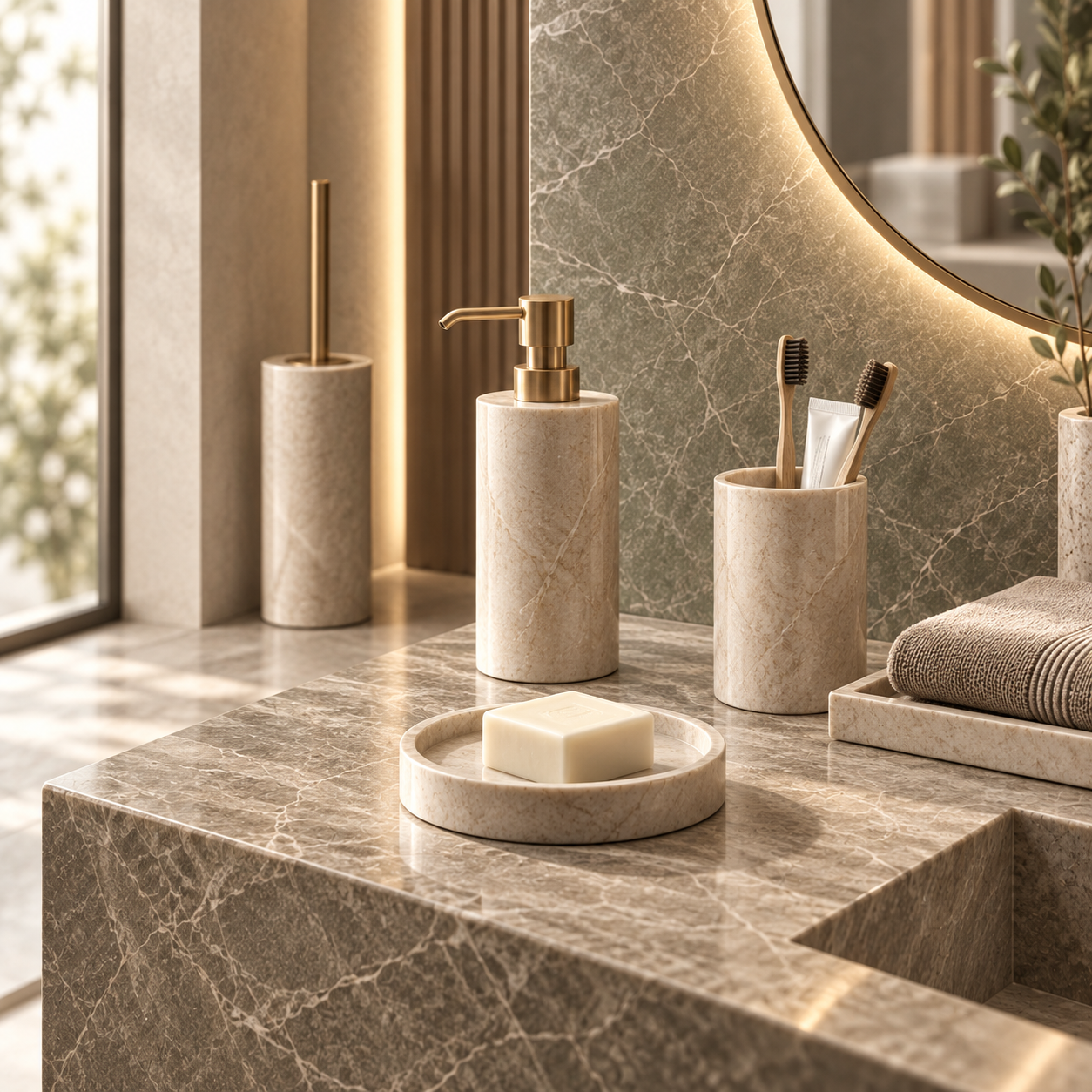 Luxury bathroom accessories including soap dispenser, toothbrush holder and soap tray on a stone vanity.