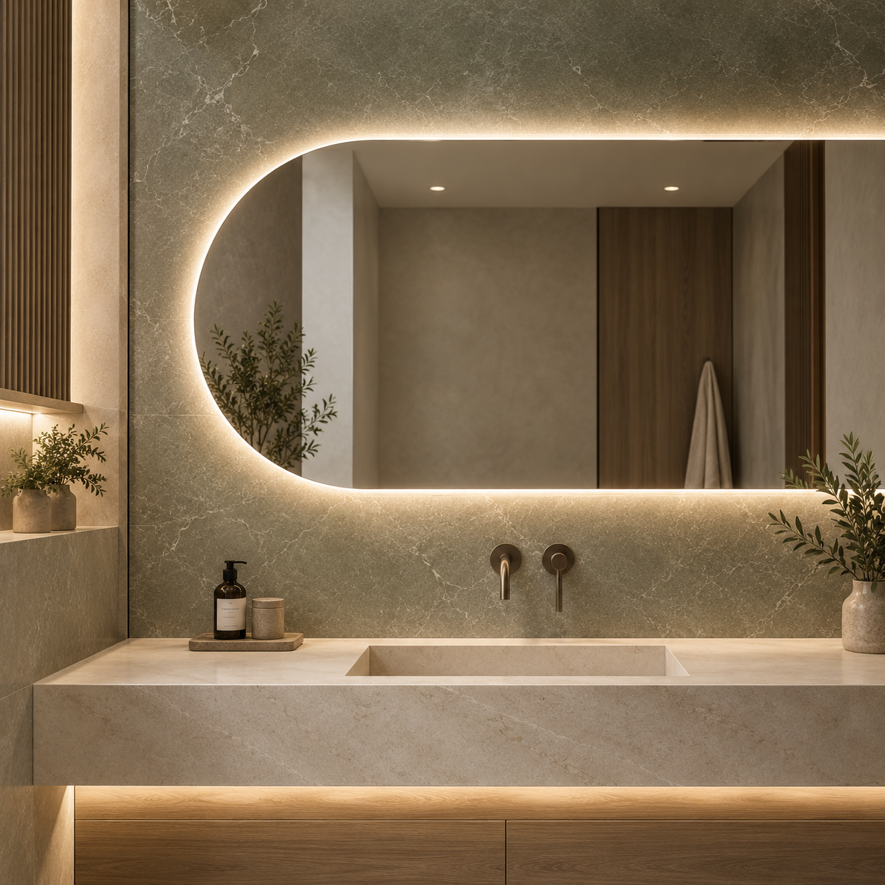 Luxury LED bathroom mirror with warm backlighting above a contemporary stone vanity.