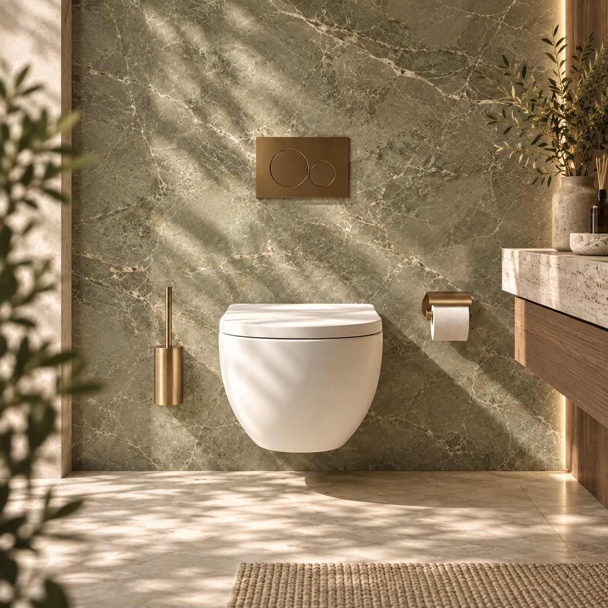 Modern wall-hung toilet with brushed brass accessories and warm stone finishes in a luxury bathroom.